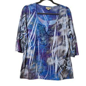 One World size 1X RUNS SMALL blue print 3/4 sleeve sequin top